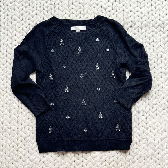 LOFT Black Beaded Gemstone Sweater XS - Picture 2 of 4